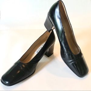 Vintage Oval Room Heels Black Leather Block Heel 8